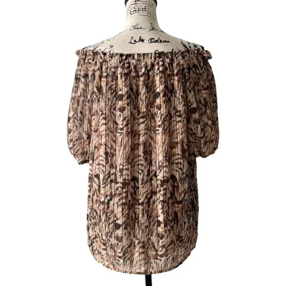 Ramy Brook Off-Shoulder Top Blouse Abstract Print Brown Cream Womens Size L - Picture 3 of 8